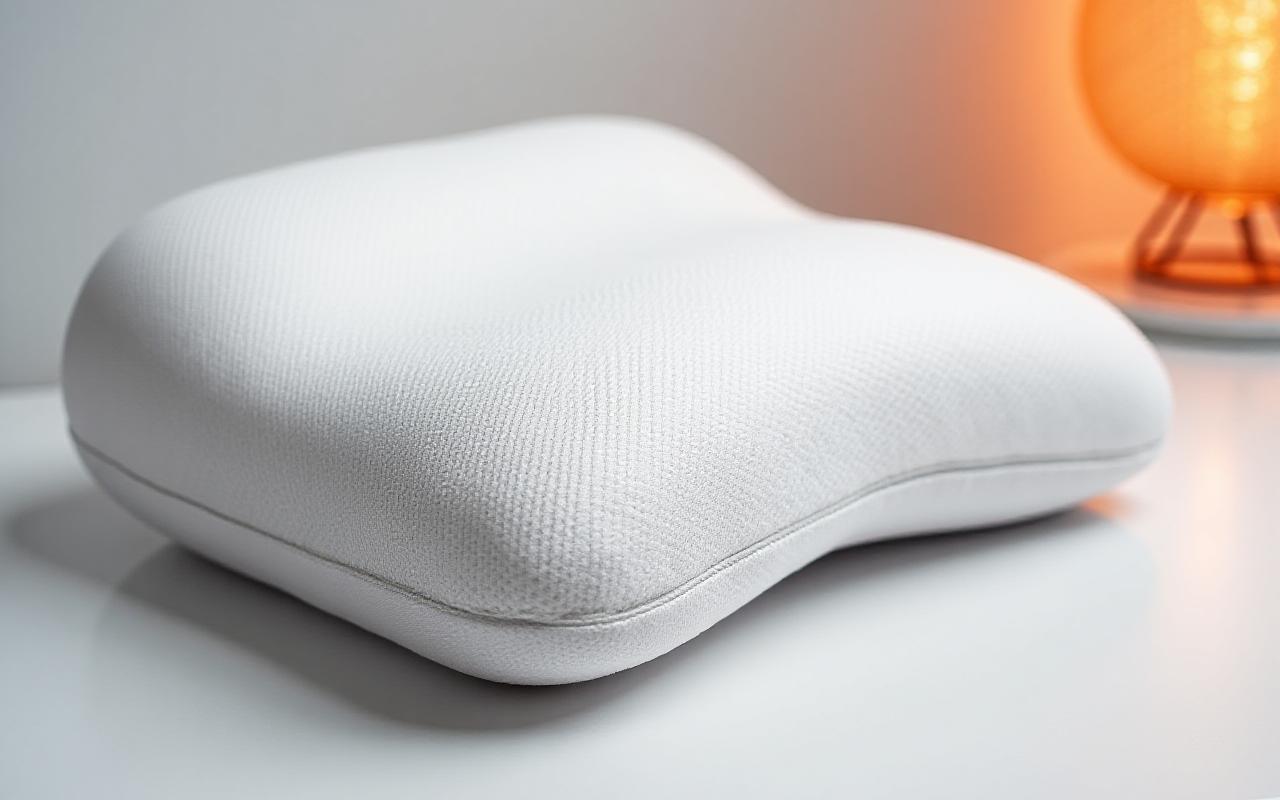 Close-up of a premium ergonomic pillow with high-tech cooling fabric