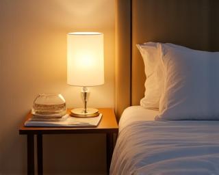Close up of bedside table with luxury linens