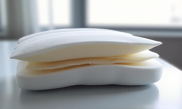 Side view of an ergonomic pillow showing neck support contour
